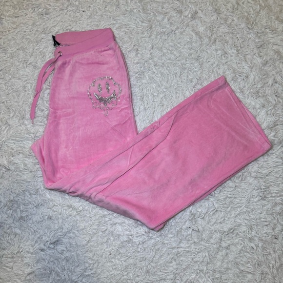 Dolls Kill Pink Velour Sweatpants with Silver Rhinestone Smiley Face - Picture 3 of 12